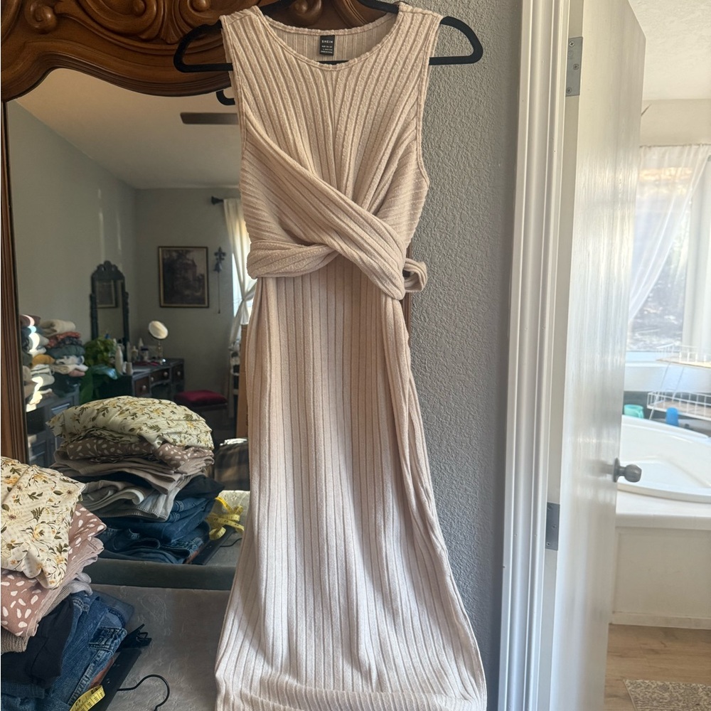 SHEIN Cream Ribbed Midi Dress